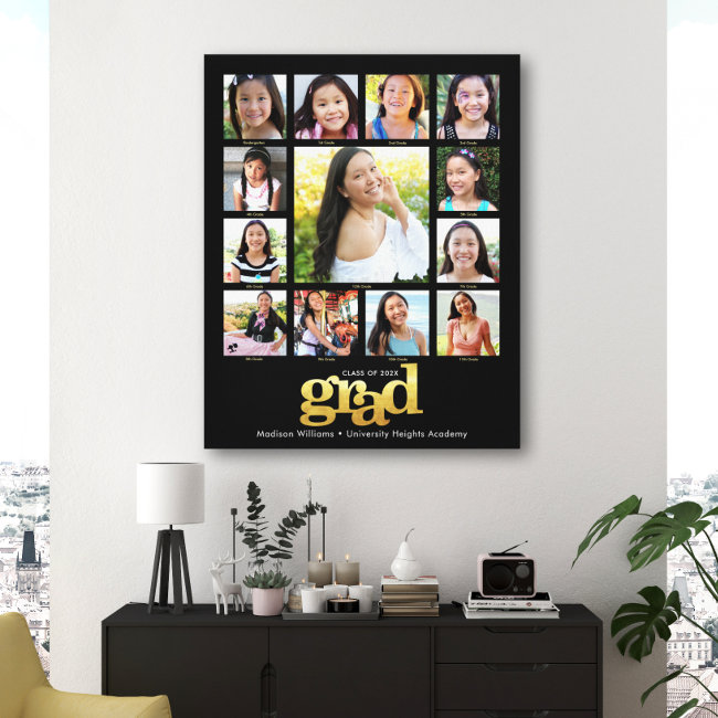 Graduation K–12 Photo Collage Modern Black Gold Canvas Print