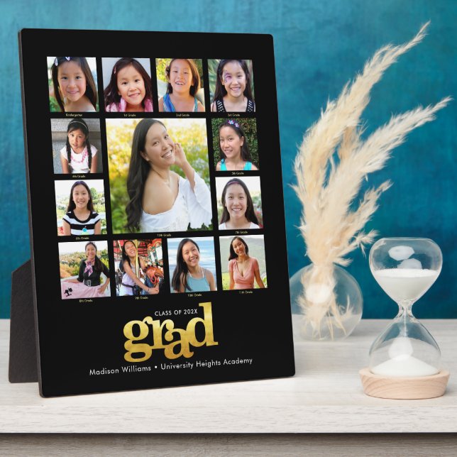 Graduation K–12 Photo Collage Modern Black Gold Plaque (Side)