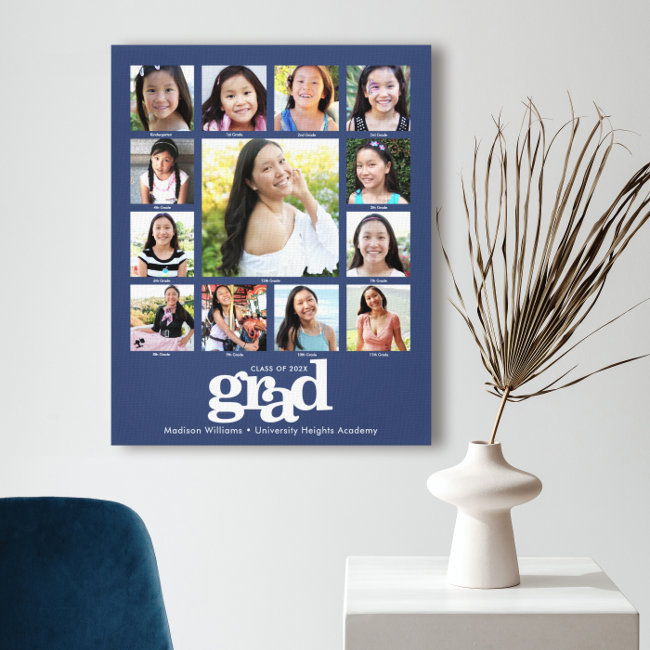 Graduation K–12 Photo Collage Modern Bold Blue Canvas Print