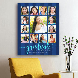 Graduation K–12 Photo Collage Navy Blue Script Canvas Print