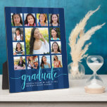 Graduation K–12 Photo Collage Navy Blue Script Plaque<br><div class="desc">Be proud, rejoice and showcase this milestone of your favorite grad. Create this girly, stunning, simple, modern, personalized high school graduation K – 12 photo collage easel back plaque for a keepsake you’ll always treasure. A fun, elegant visual of aqua turquoise blue glitter script typography, along with her name, class...</div>