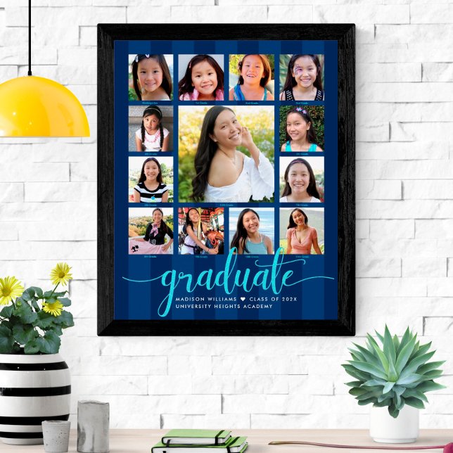Graduation K–12 Photo Collage Navy Blue Script Poster (Creator Uploaded)
