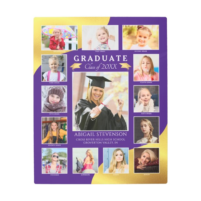 Graduation K-12 Photo Collage Purple Gold Metal Print (Front)