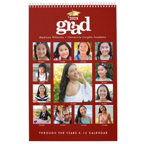 Graduation Kâ12 Photo Collage Red Gold 15 Month Calendar