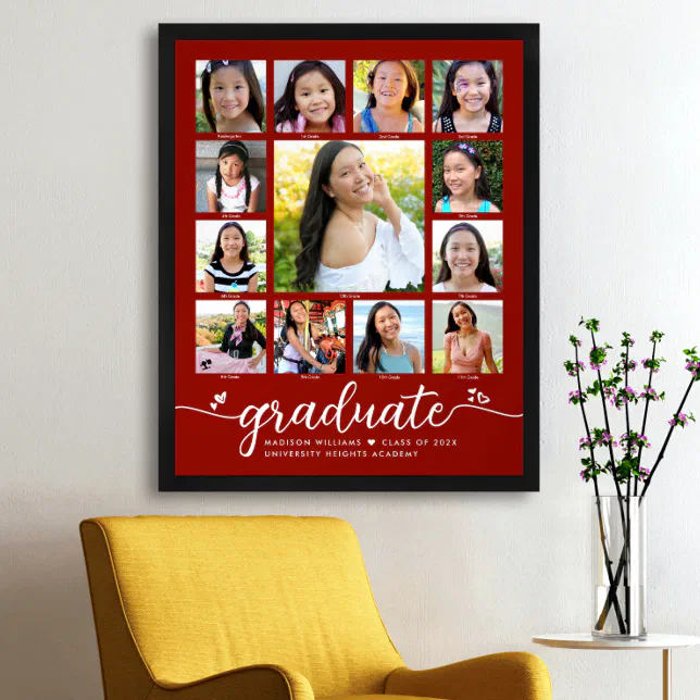 Graduation K–12 Photo Collage Red Modern Script Poster | Zazzle