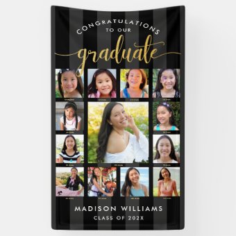 Graduation K–12 Photo Collage Script Gold Black Banner | Zazzle