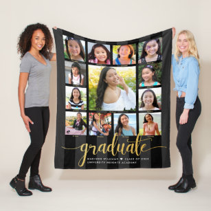 Graduation K–12 Photo Collage Script Gold Black Fleece Blanket