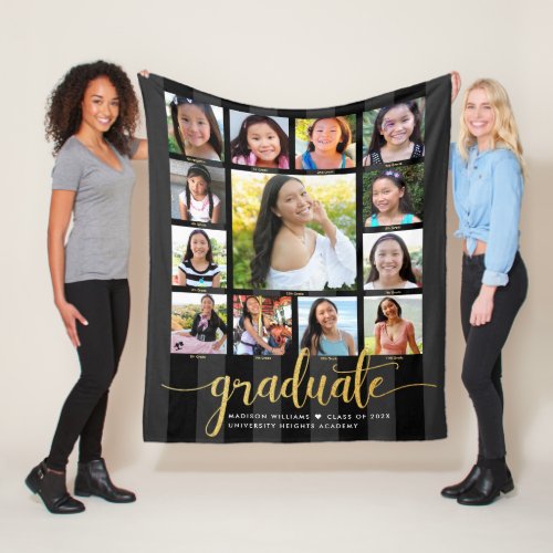 Graduation K12 Photo Collage Script Gold Black Fleece Blanket