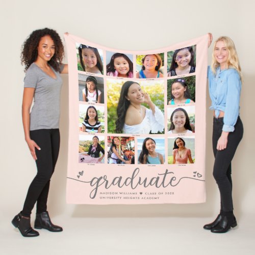 Graduation K12 Script Photo Collage on Blush Pink Fleece Blanket