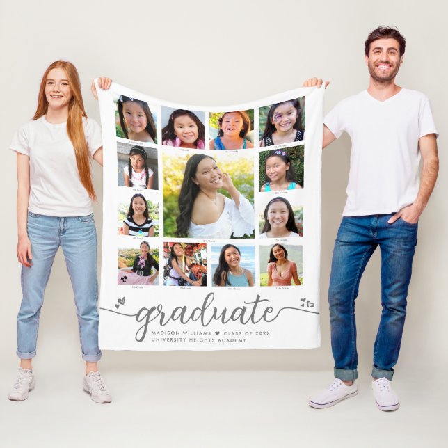 Graduation K–12 White Modern Script Photo Collage  Fleece Blanket (In Situ)