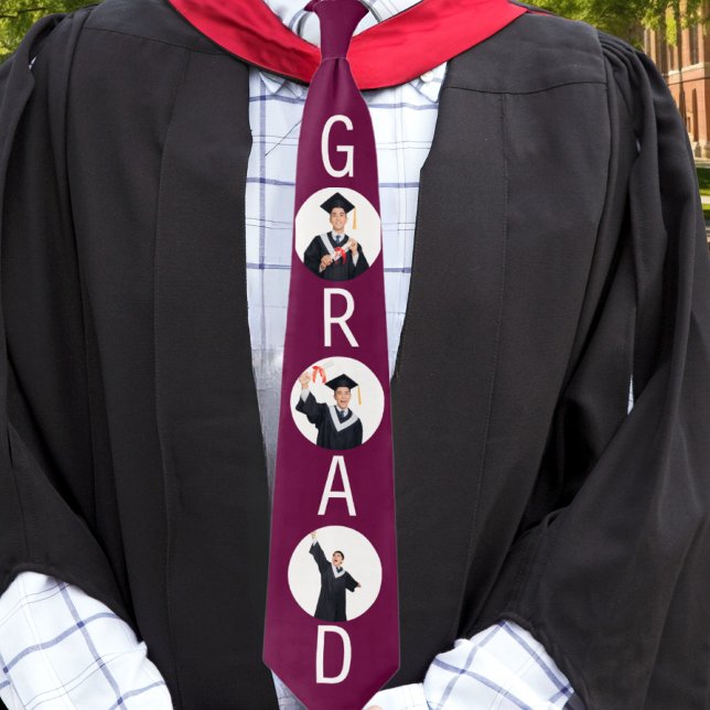 Graduation Keepsake 3 Photos Grad Burgundy Neck Tie (A stylish tie for graduation, with 3 custom photos in round 'frames' and the word 'Grad' in capitals)