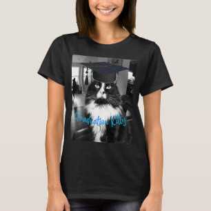 Graduation Kitty Black and White Cat in Graduating T-Shirt