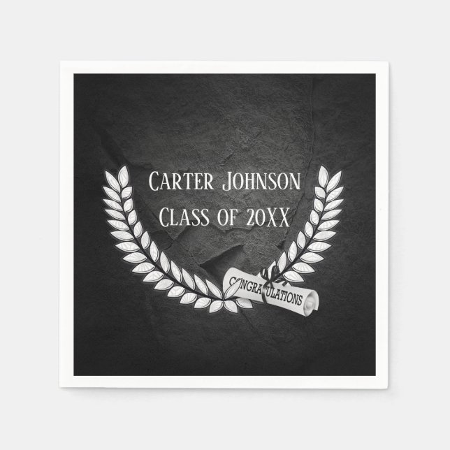 Graduation Laurel Wreath On Black Rock  Napkins (Front)