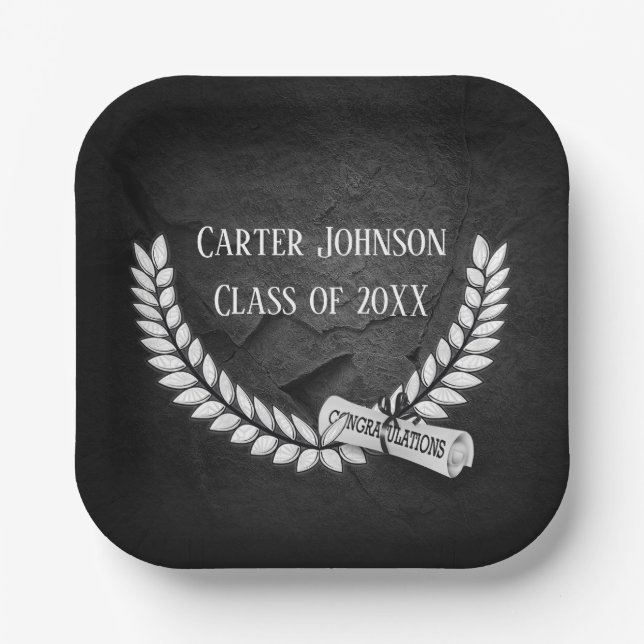 Graduation Laurel Wreath On Black Rock Paper Plates (Front)