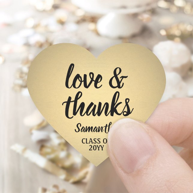 Graduation Love & Thanks Black & Gold Faux Foil Heart Sticker (Creator Uploaded)