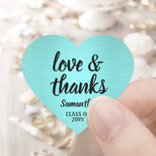 Graduation Love & Thanks Brushed Teal Blue Elegant Heart Sticker