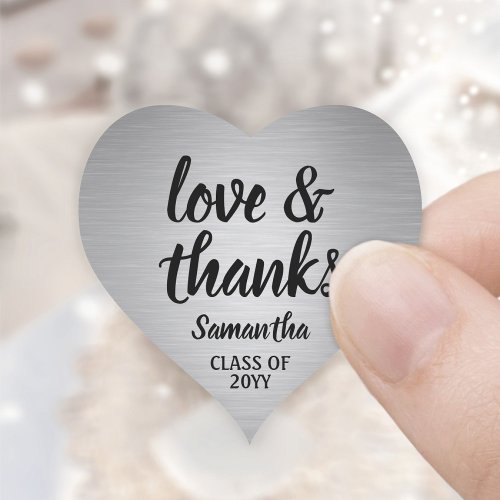 Graduation Love  Thanks Faux Brushed Silver Heart Sticker