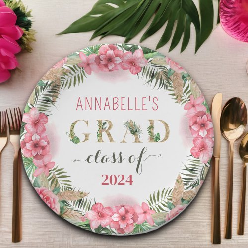 Graduation Luau Class Of 2024 Floral  Paper Plates