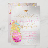 Graduation Luau, Glittering Pineapple, Pink Invitation (Front/Back)