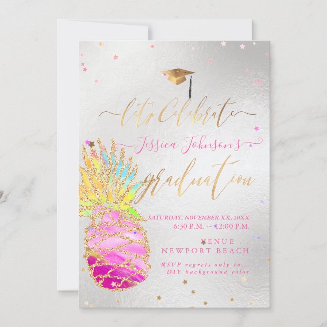 Graduation Luau, Glittering Pineapple, Pink Invitation (Front)