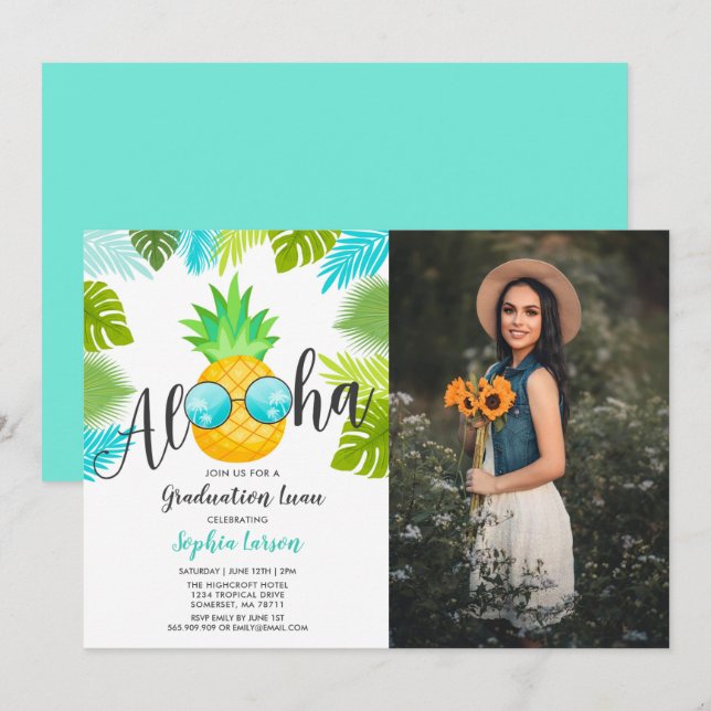 Graduation Luau Party Invitation Pineapple Grad (Front/Back)