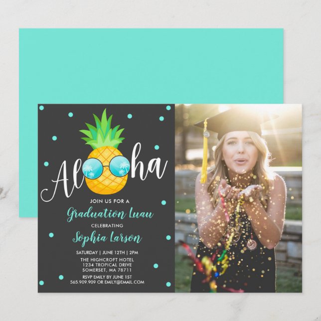 Graduation Luau Party Invitation Pineapple Grad (Front/Back)