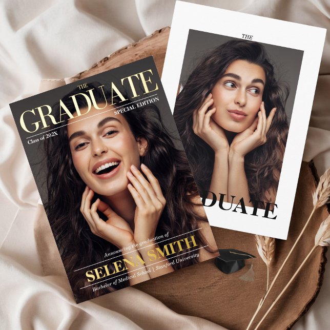 Graduation Magazine Cover Photo Unique Foil Invitation (Magazine Cover Photo Graduation Announcement Newspaper Real Gold Foil )