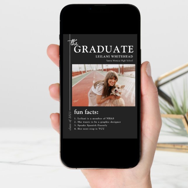 Graduation Magazine Fun Facts Soft Black Announcement (Front Digital)