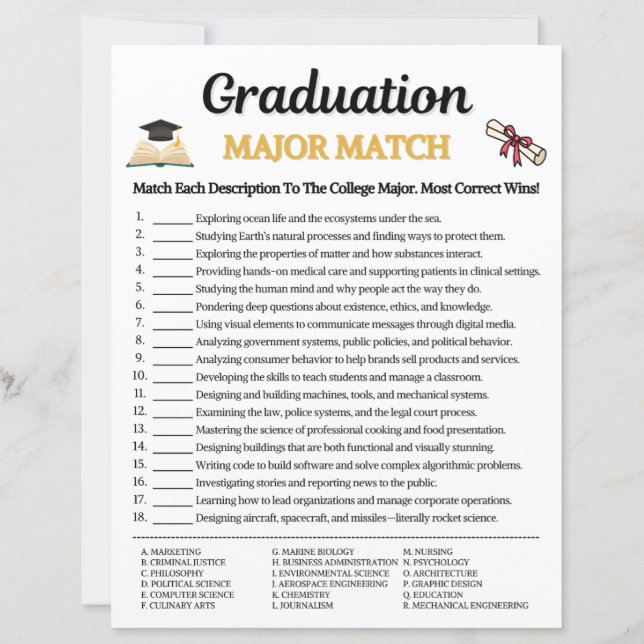 Graduation Major Match Game (Front)