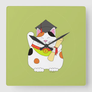 Graduation Maneki Neko Square Wall Clock