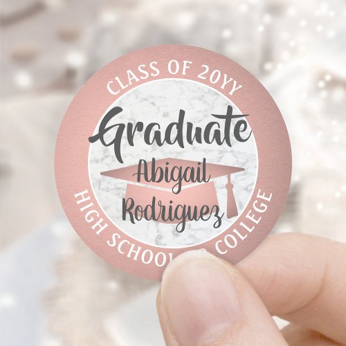 Graduation Marble and Pink Rose Gold Trendy Modern Classic Round Sticker