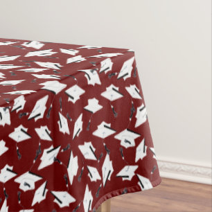 Graduation Maroon and White Caps in the Air Tablecloth