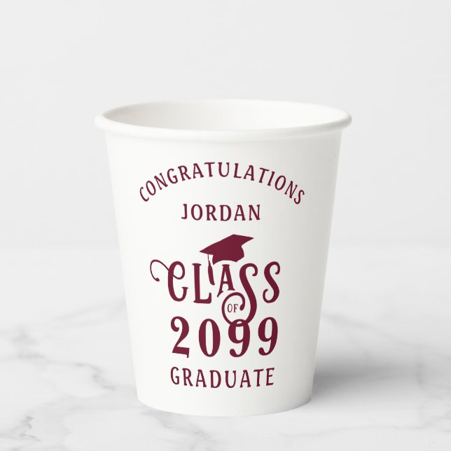 Graduation Maroon Class Year Congrats Name Paper Cups (Front)