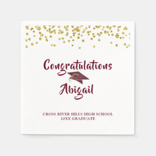 Graduation Maroon Gold Confetti Brush Script Napkins