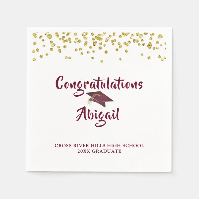 Graduation Maroon Gold Confetti Brush Script Napkins (Front)
