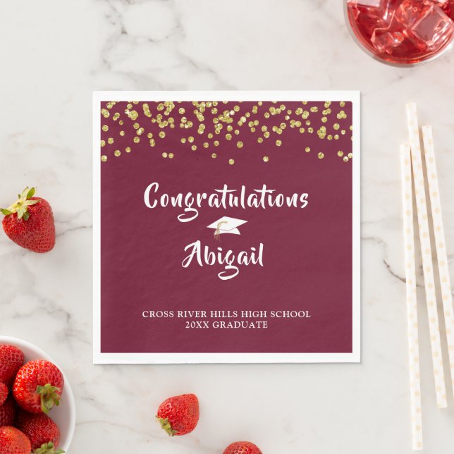 Graduation Maroon Gold Glitter Brush Script Napkins (Insitu)