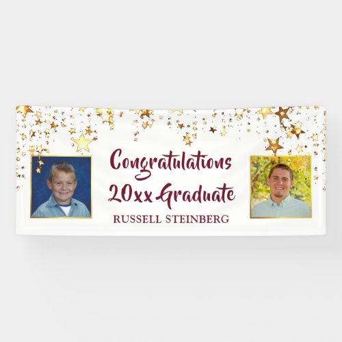 Graduation Maroon Gold Stars Brush Script Photo Banner