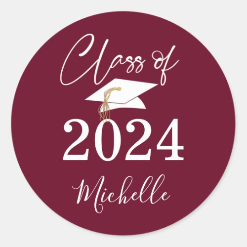 Graduation Maroon Script Class of 2024 Classic Round Sticker