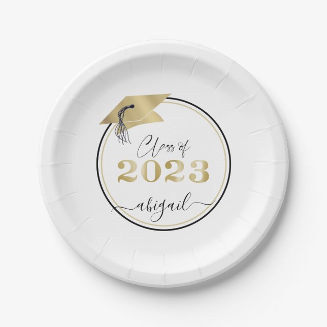 Graduation Metallic Gold Cap Script Class of 2023 Paper Plates (Front)