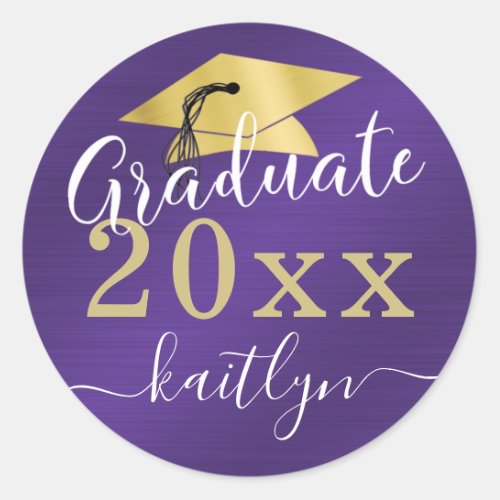 Graduation Metallic Shimmer Script Purple Gold Cla Classic Round Sticker