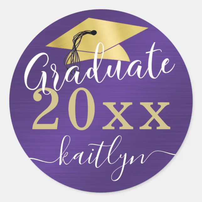 Graduation Metallic Shimmer Script Purple Gold Cla Classic Round ...