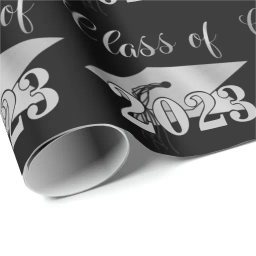 Graduation Metallic Silver CLASS OF Black Wrapping Paper