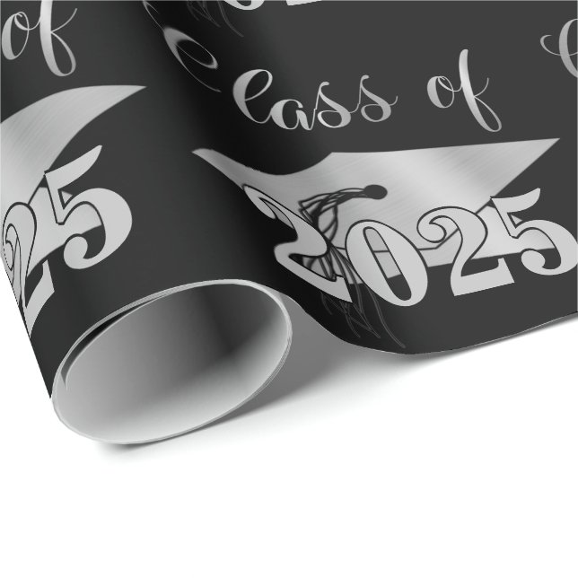 Graduation Metallic Silver CLASS OF Black Wrapping Paper (Roll Corner)