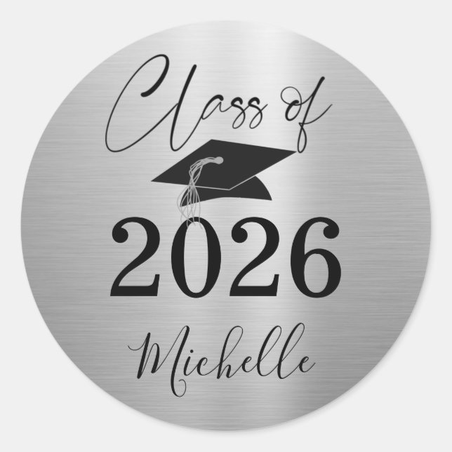 Graduation Metallic Silver Script Class of Classic Round Sticker (Front)