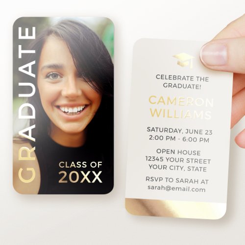 Graduation Mini Party Invitations Photo Cream Gold Foil Business Cards