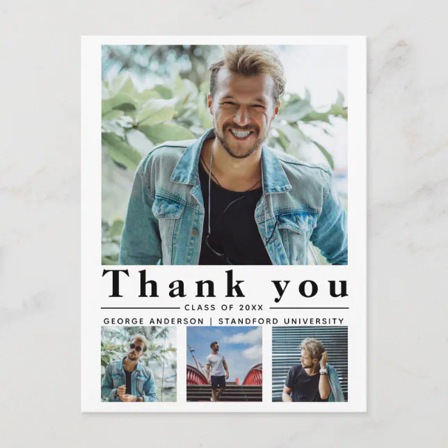 Graduation Minimalist multi photo Thank you Postcard | Zazzle