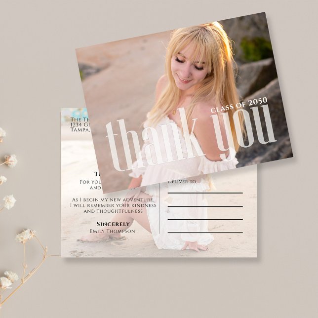 Graduation Minimalist Two Photo Simple Thank You Postcard (Graduation thank you photo postcard with a two-photo layout. )