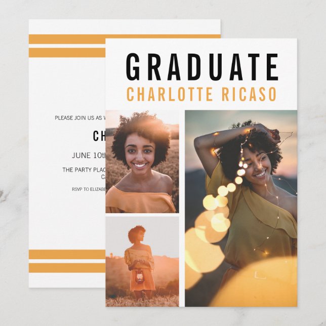 Graduation Modern 3 Photo Collage Personalized Invitation (Front/Back)