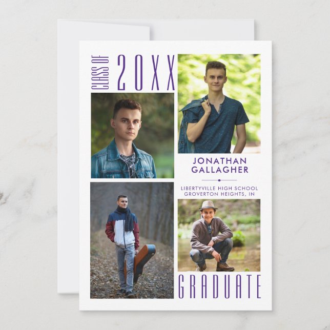 Graduation Modern 4 Photo Collage Purple Announcement (Front)
