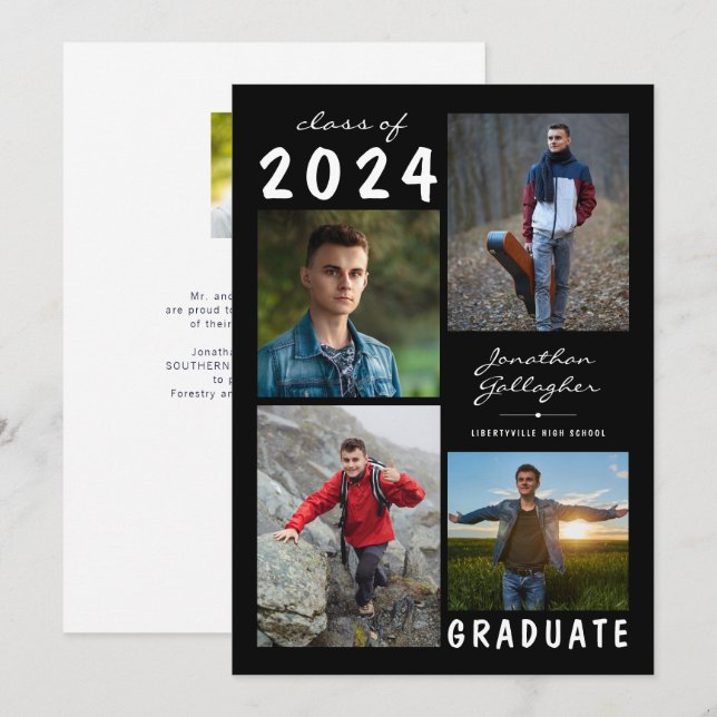 Graduation Modern 5 Photo Script Black White Announcement (Front/Back)